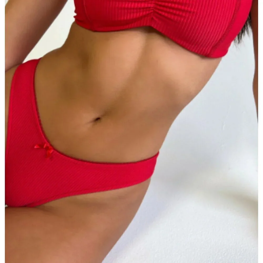 New! Frankie's Bikinis Vibrant Red Enzo Ribbed Cheeky Bikini Bottom 1485